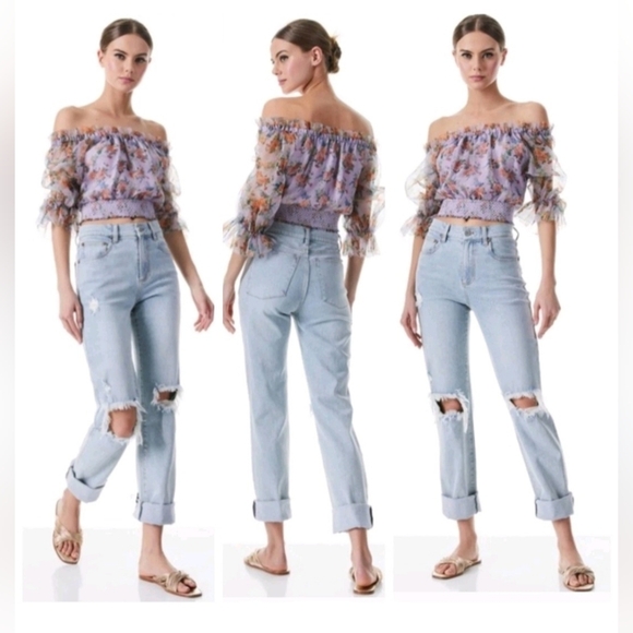 ALICE + OLIVIA Caprina Silk Puff Sleeve Off Shoulder Crop Top Size Small NWOT - Picture 3 of 15